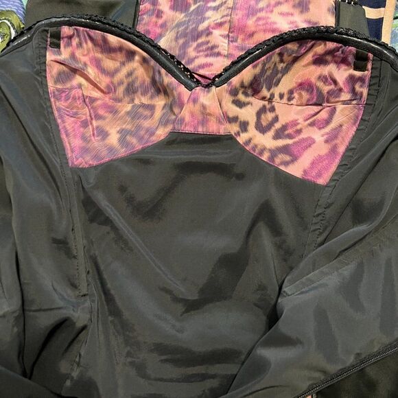 Bebe Black with Purple Leopard Strapless Ruched Dress Size Medium - Picture 7 of 12